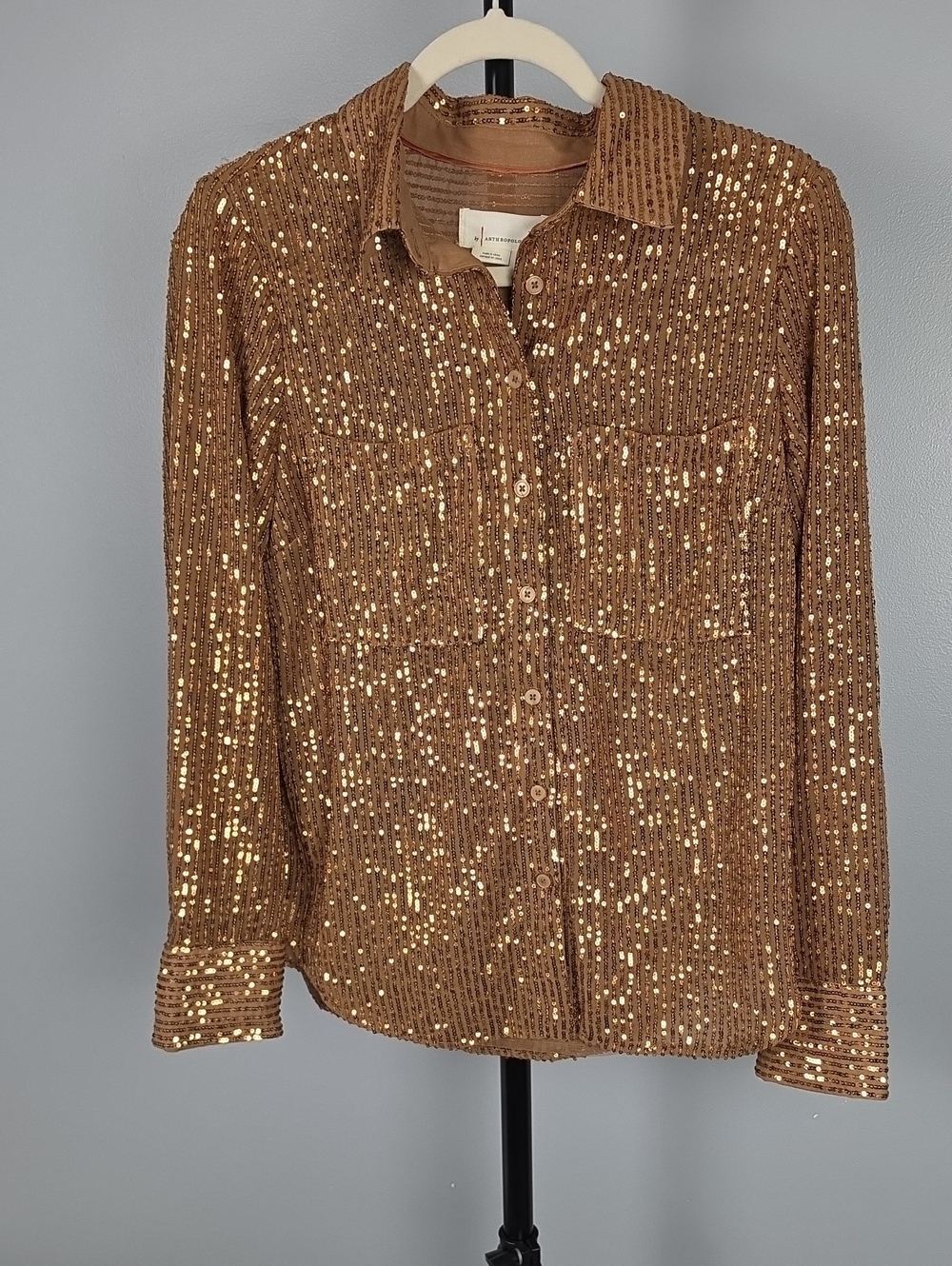Anthropologie Bronze Sequin Button-down Lined Shirt Size M